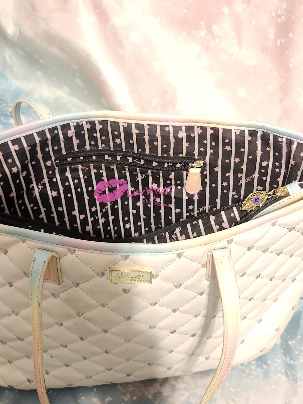 Betsey Johnson Quilted Pastel Tote Bag with Rainbow Trim